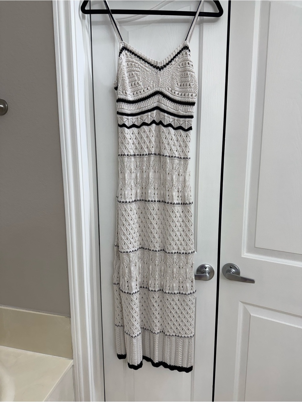 Cream and Black Crochet Maxi Dress with Spaghetti Straps